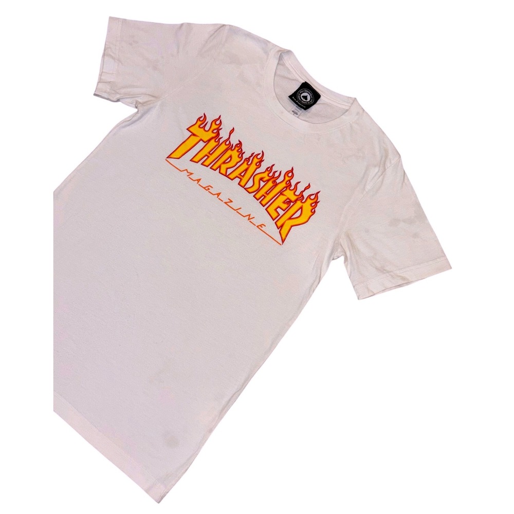 Thrasher Magazine T-Shirt Mens Small White Flame Logo Graphic Skate Tee
